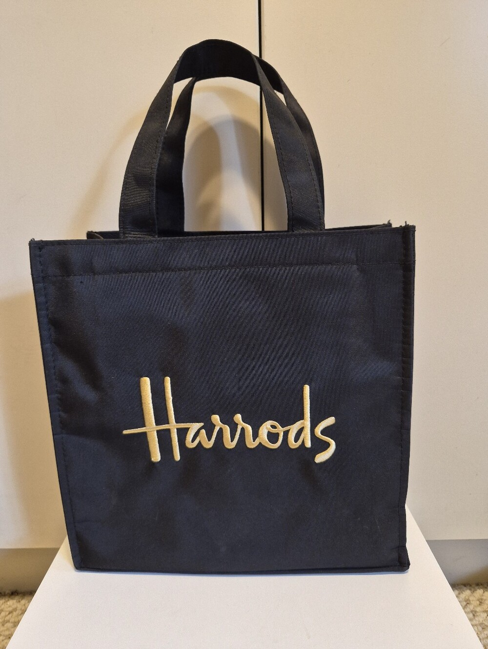 Brand New Harrods Classic Black Nylon Gold Embroidered Logo Shopper/Tote Bag